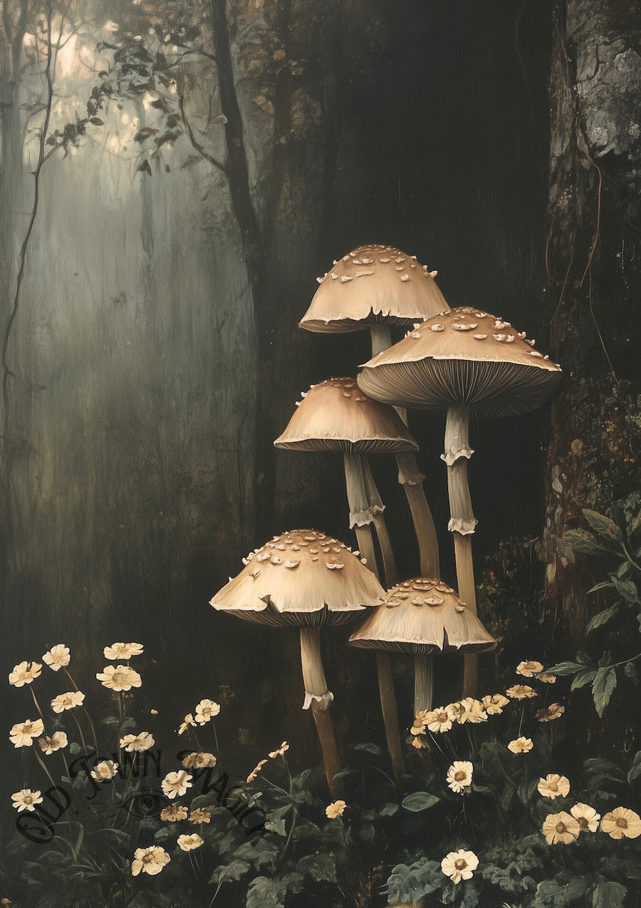 Dark Forest Mushrooms Wall Art Print – Botanical Mushroom Forest Art