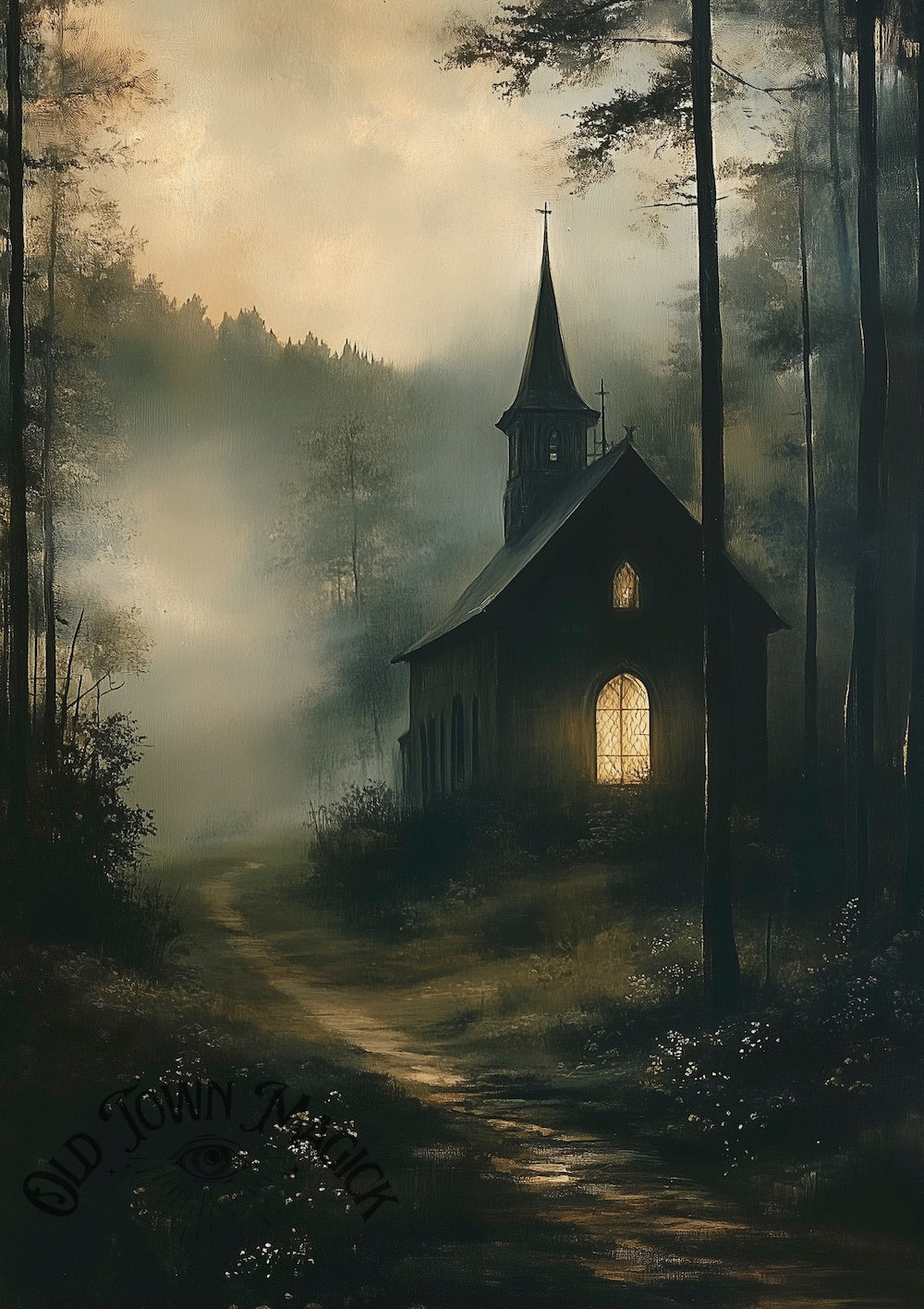 Woodland Chapel Wall Art Print – Enchanted Forest Architecture Art