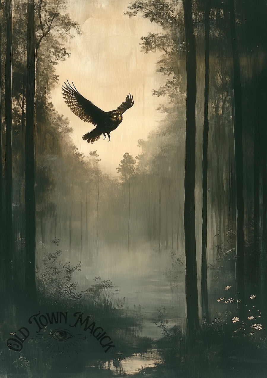 Spring Owl Flight Wall Art Print – Woodland Wildlife Illustration