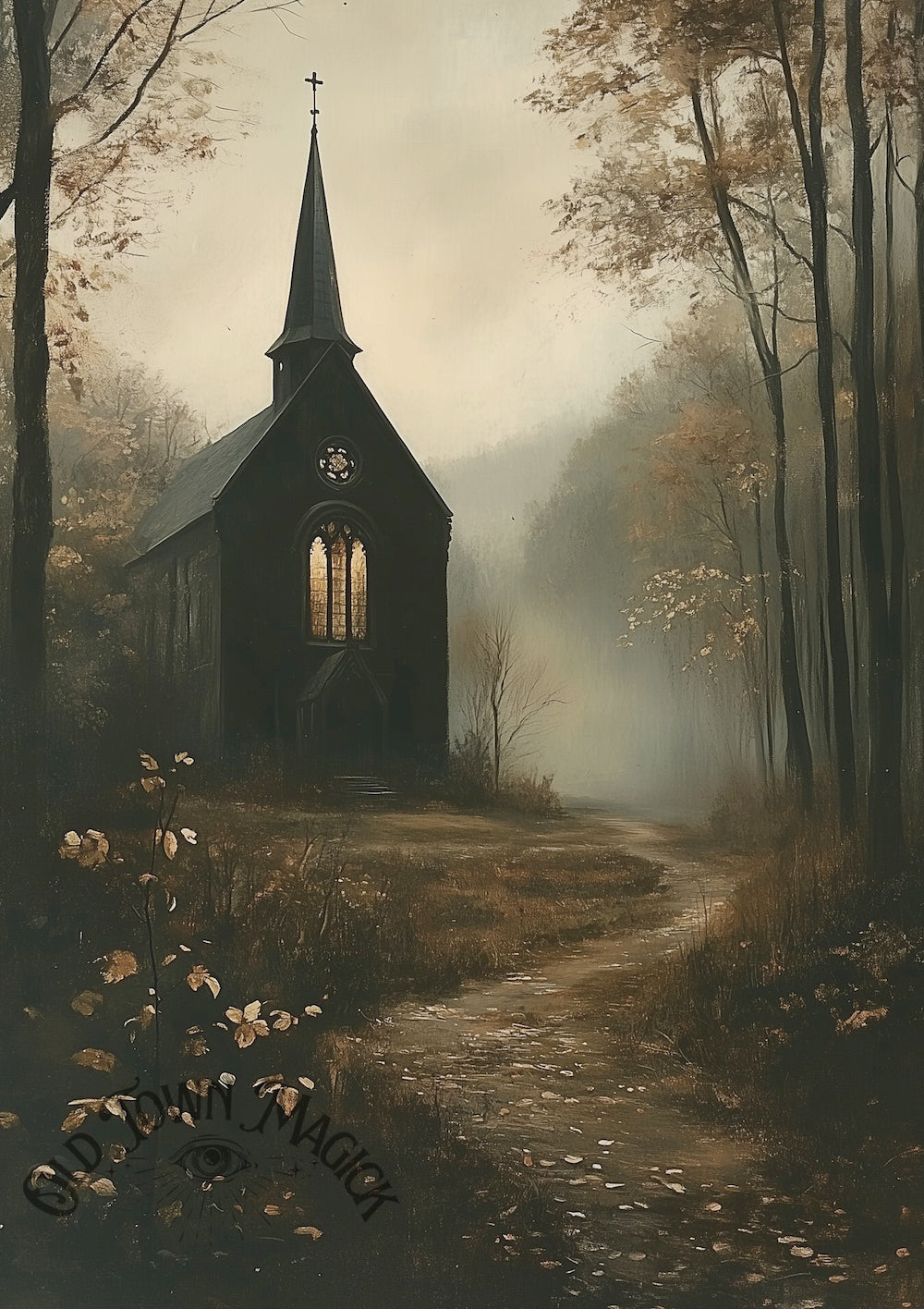 Sunlit Gothic Chapel Wall Art Print – Atmospheric Gothic Architecture Art