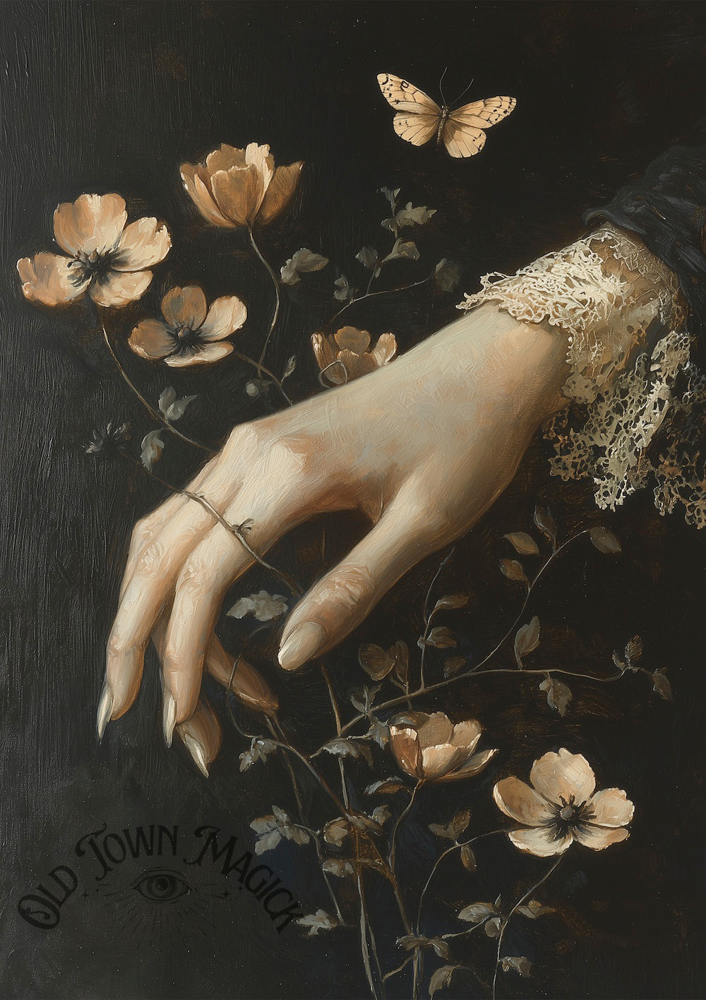 Lace Hand And Flowers Wall Art Print – Romantic Gothic Still Life Art