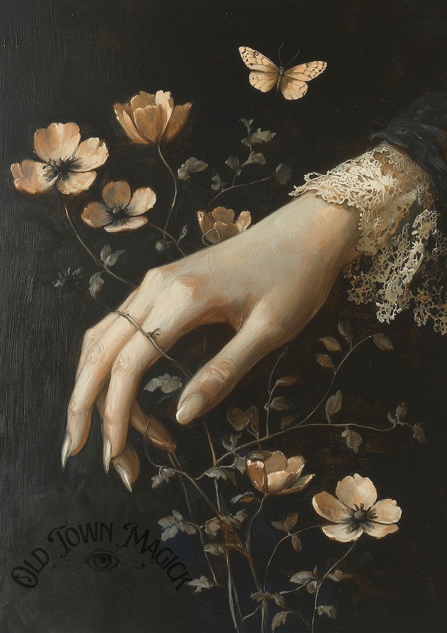 Lace Hand And Flowers Wall Art Print – Romantic Gothic Still Life Art