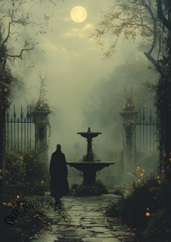 Twilight Garden Fountain Wall Art Print – Romantic Garden Landscape Art