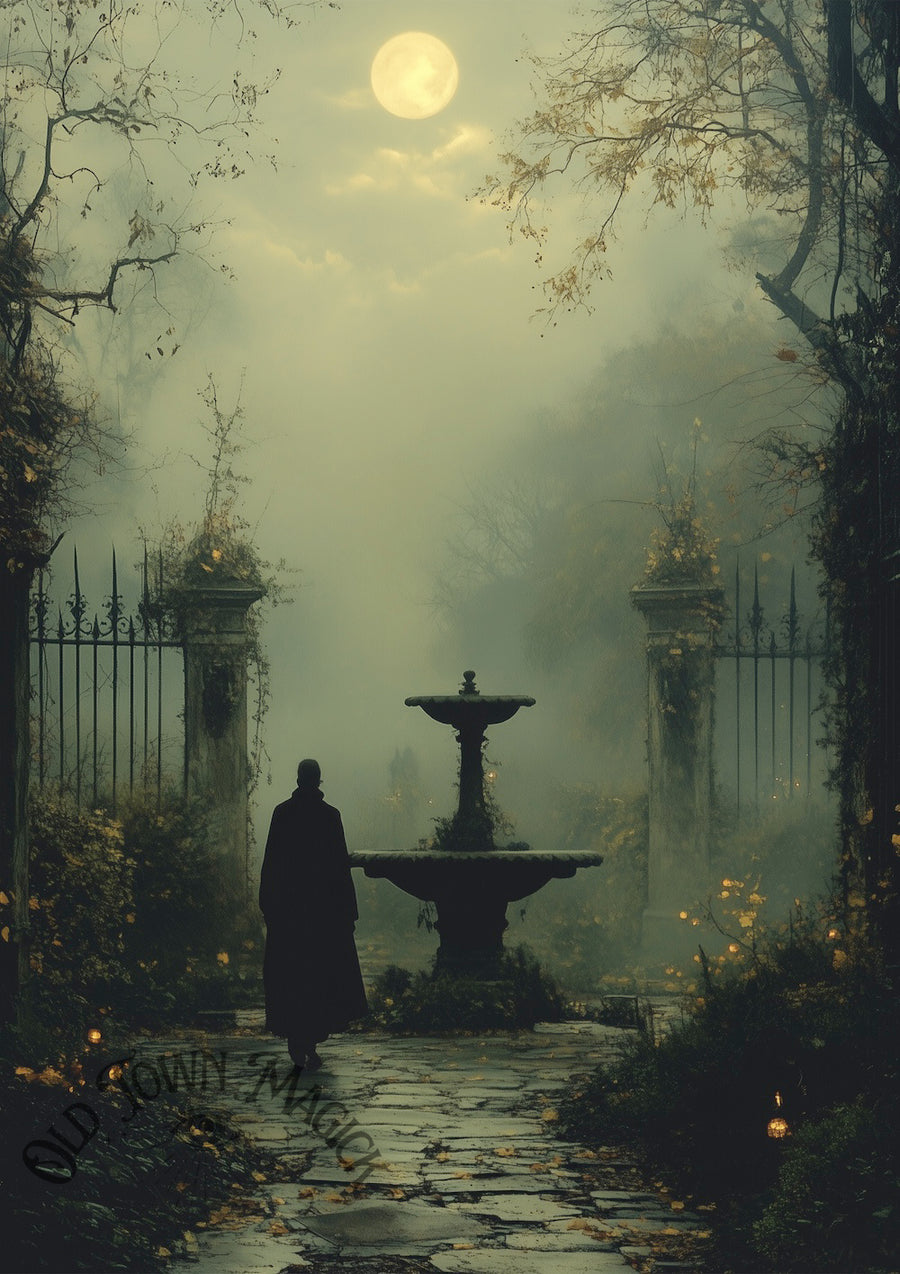 Twilight Garden Fountain Wall Art Print – Romantic Garden Landscape Art