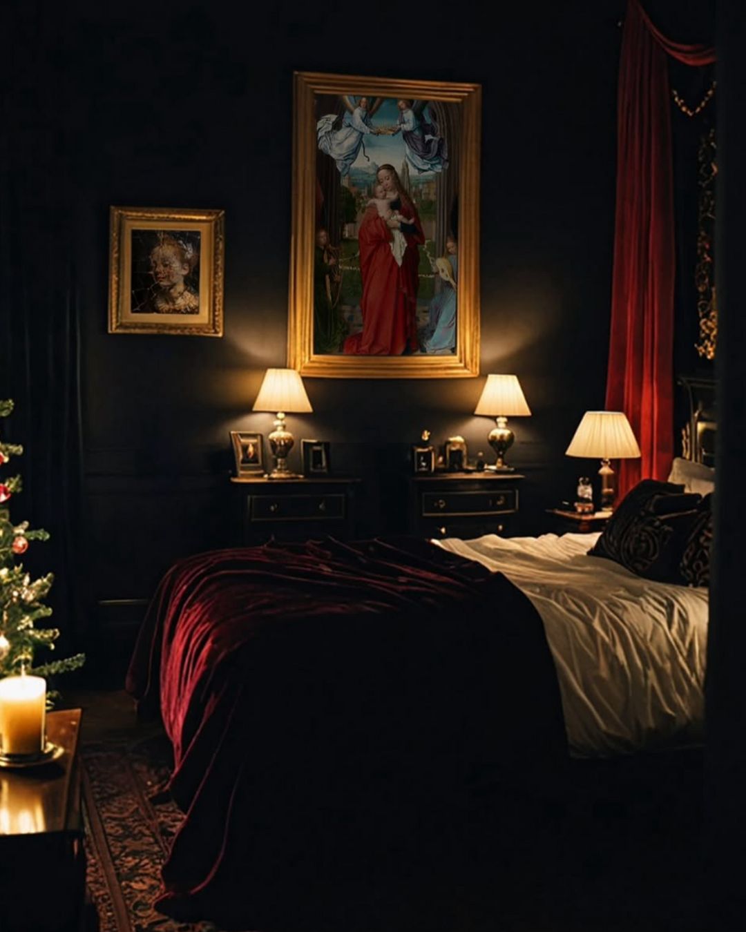 Dark bedroom with red velvet bedding and curtains, lit by lamps and candlelight. Two framed paintings hang on the wall above nightstands. A Christmas tree is visible on the left.
