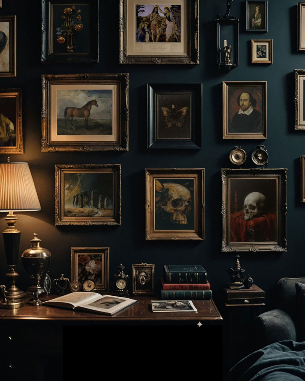 Moody, dark academia study with walls covered in framed paintings above a desk with a lamp, books, and artifacts.