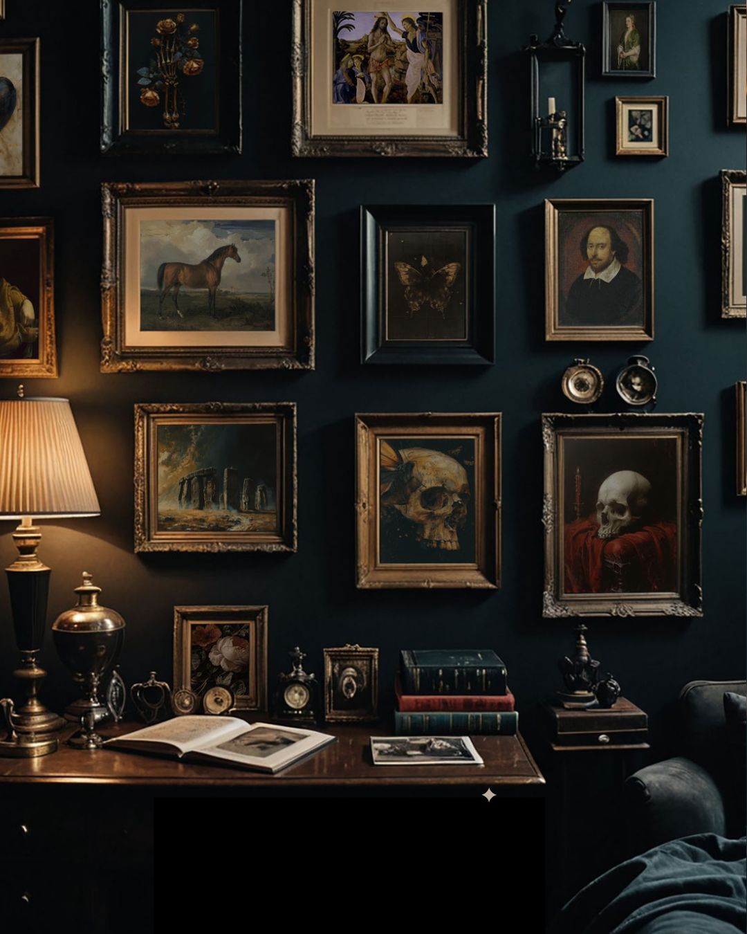Moody, dark academia study with walls covered in framed paintings above a desk with a lamp, books, and artifacts.