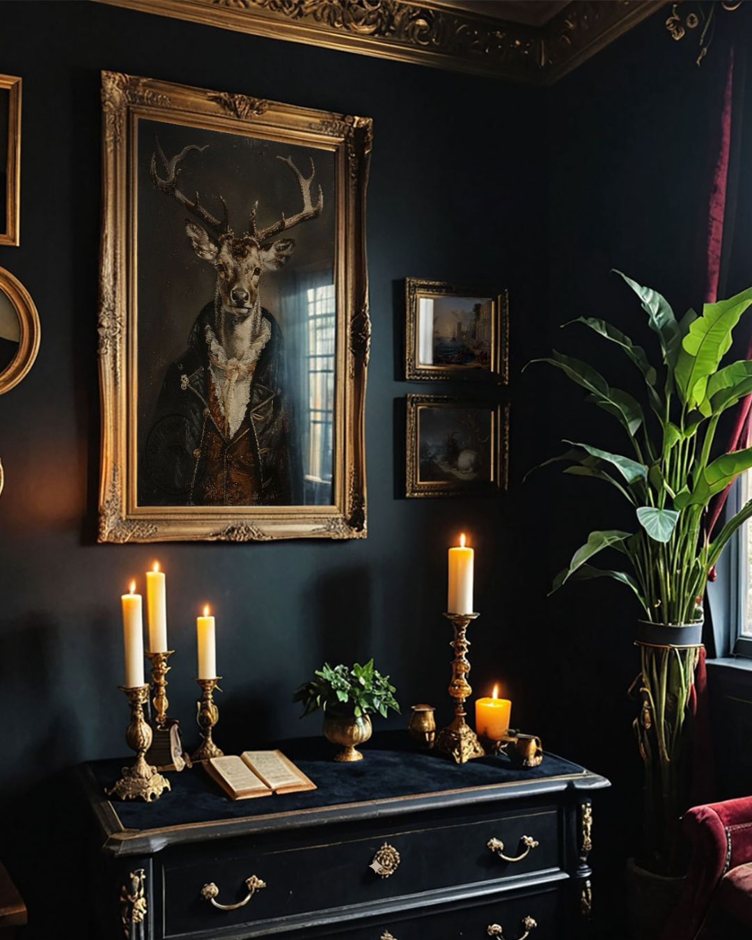 Dark, moody interior with a large deer portrait, lit candles on a dresser, ornate gold frames, and a large green plant.
