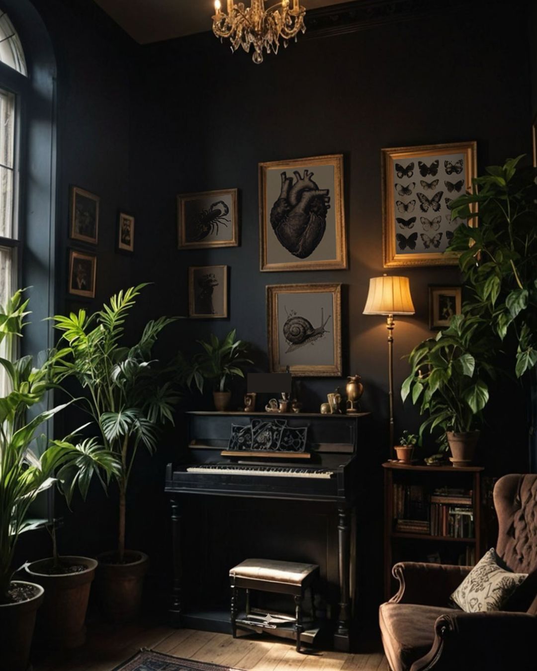 A dimly lit room with dark blue walls, a piano, framed art, lush plants, a chandelier, and a cozy armchair.