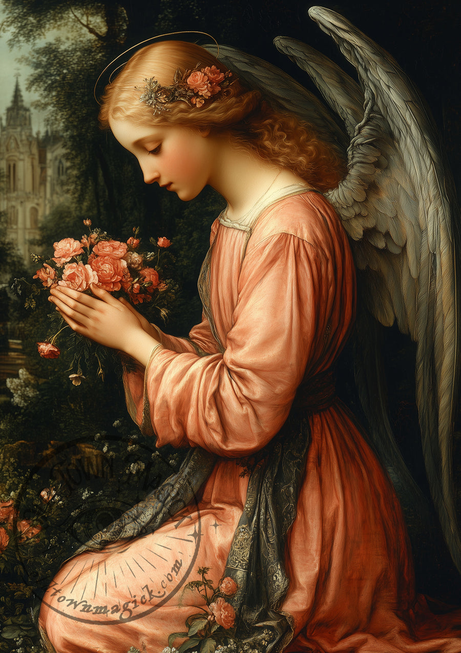 Angel with Roses – Romantic Angel Statue – Gothic Religious Wall Art Print