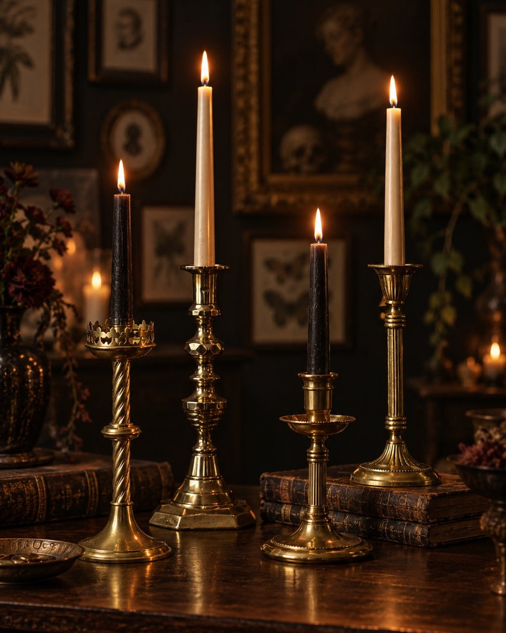 Group of brass-coloured candlesticks with lit taper candles in a dark interior.