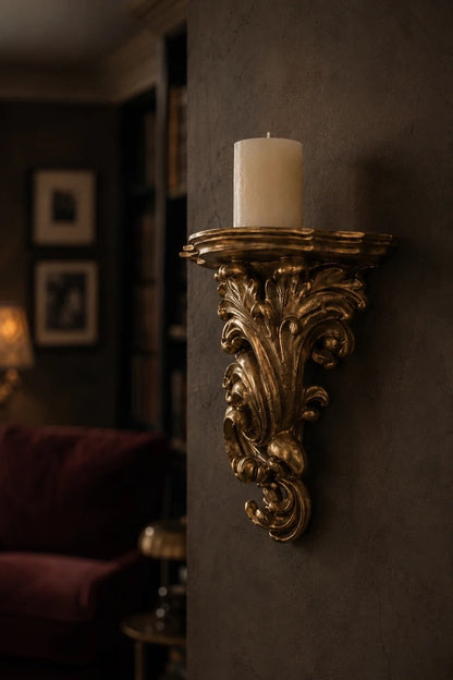 Pair of Gilded Baroque Revival Wall Sconce & Decorative Shelf