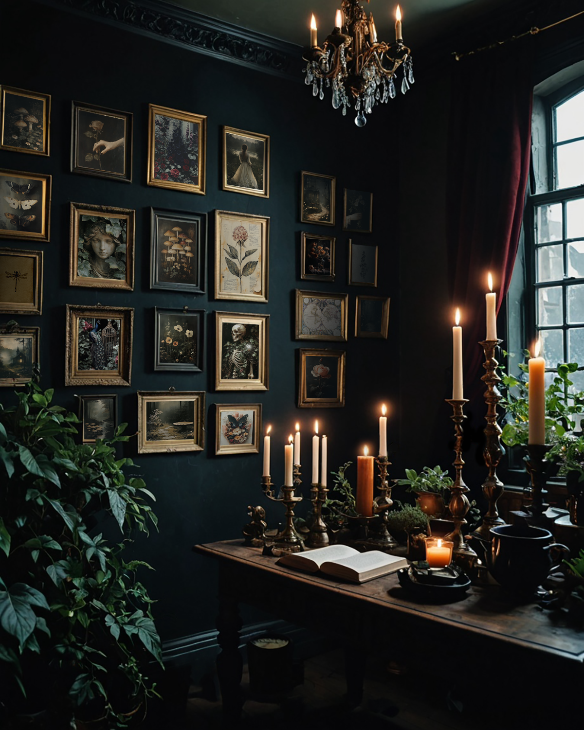A dimly lit, gothic-style room with a wall of framed art, a chandelier, a table with candles, and lush plants. Dark, mysterious atmosphere.
