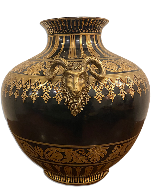 Black and Gold Decorative Vase with Ram Heads