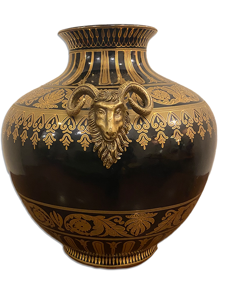 Large Black and Gold Decorative Vase with Ram Heads - Old Town Magick