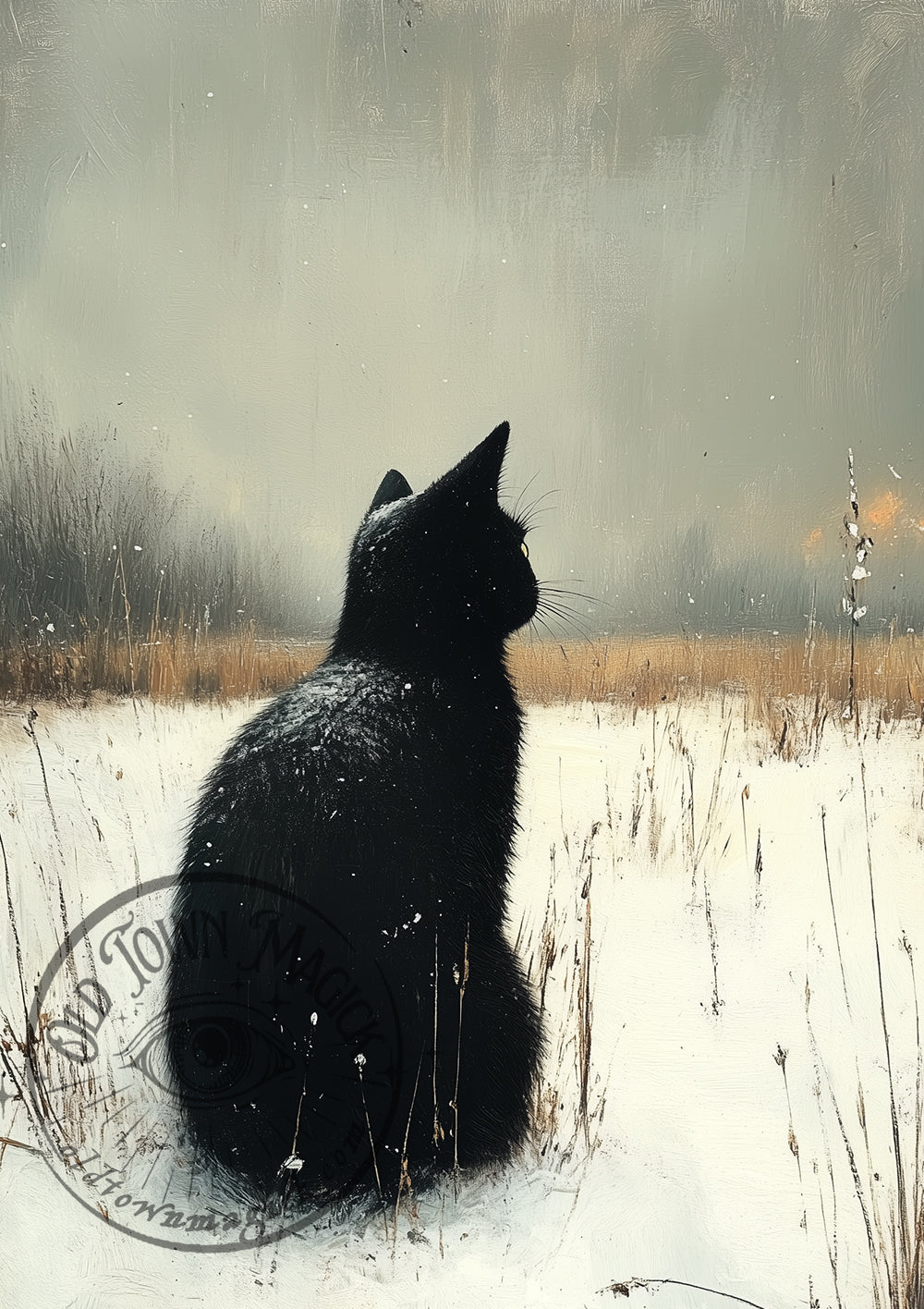 Black Cat in the Snow – Winter Cat Illustration – Gothic Wall Art Print