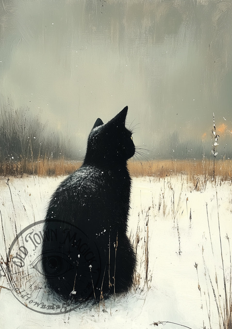 Black Cat in the Snow – Winter Cat Illustration – Gothic Wall Art Print