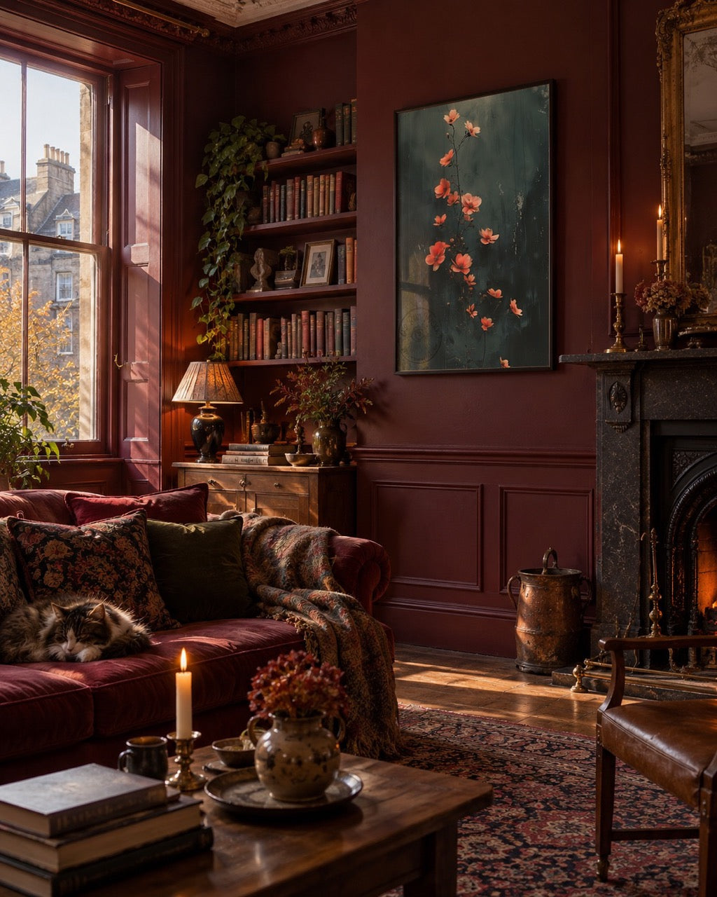 Red botanical wall art beside a fireplace in a layered burgundy living room.