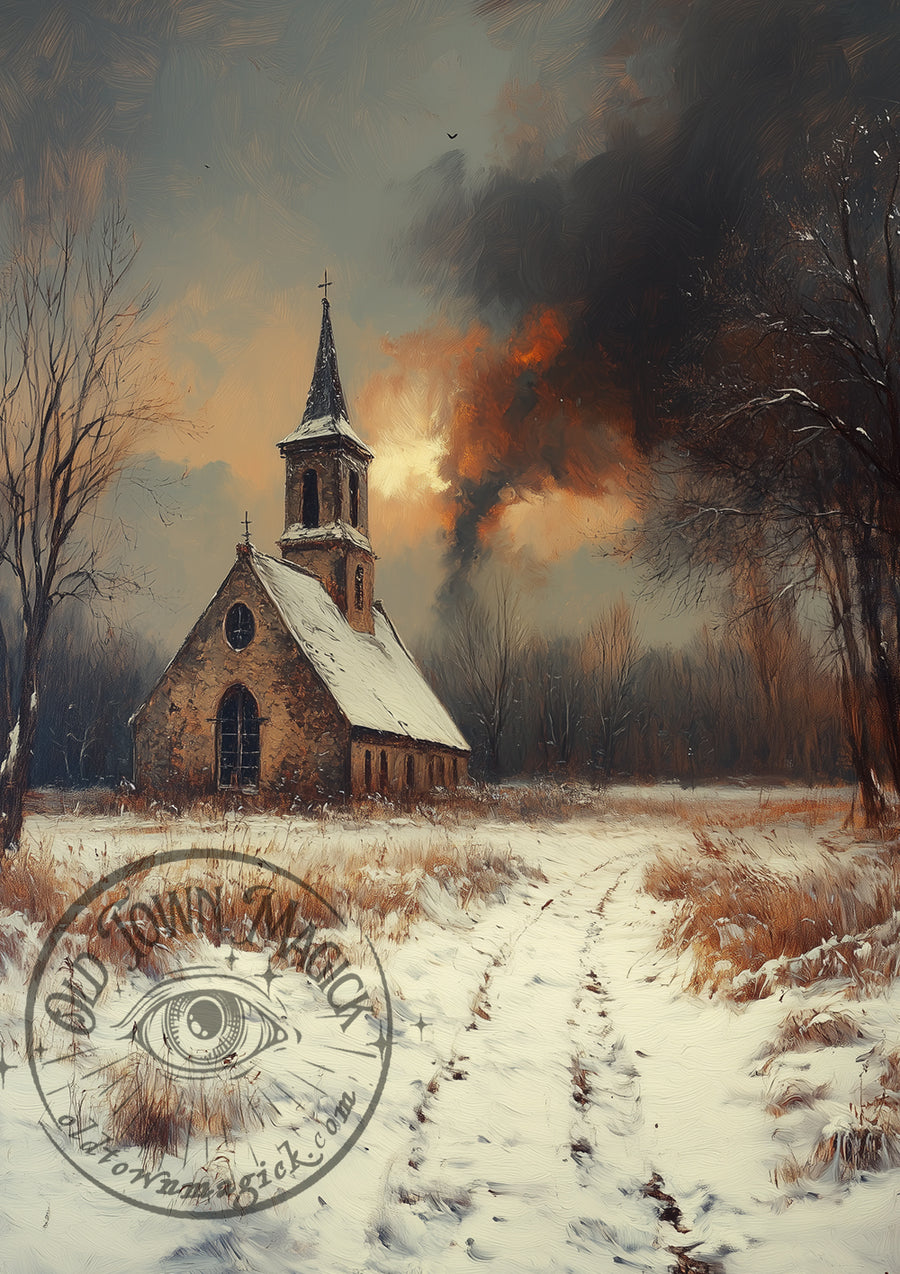 Country Church in Snow – Winter Church Landscape – Gothic Wall Art Print