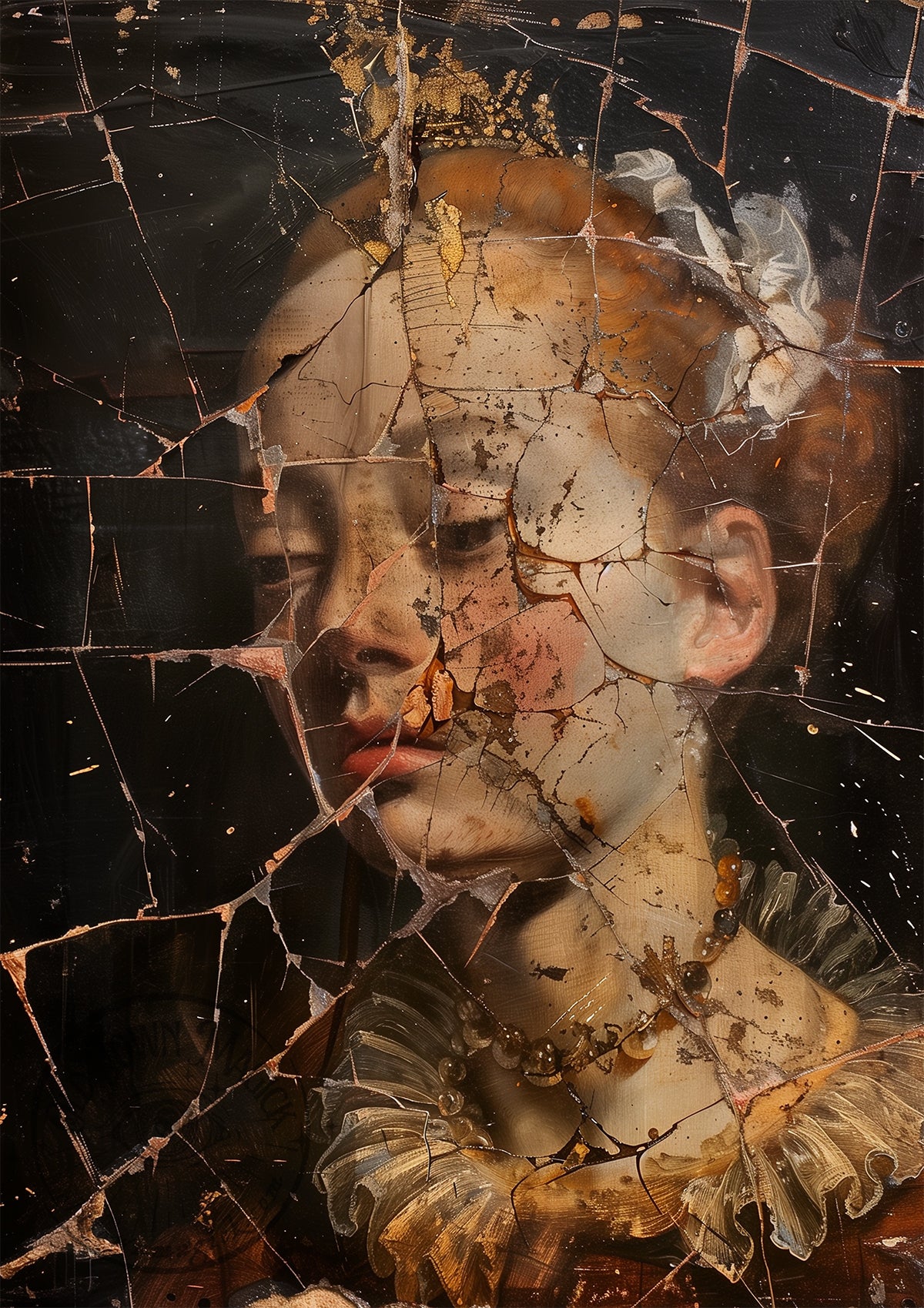 Cracked Oil Painting Portrait – Vintage Aged Portrait Wall Art Print