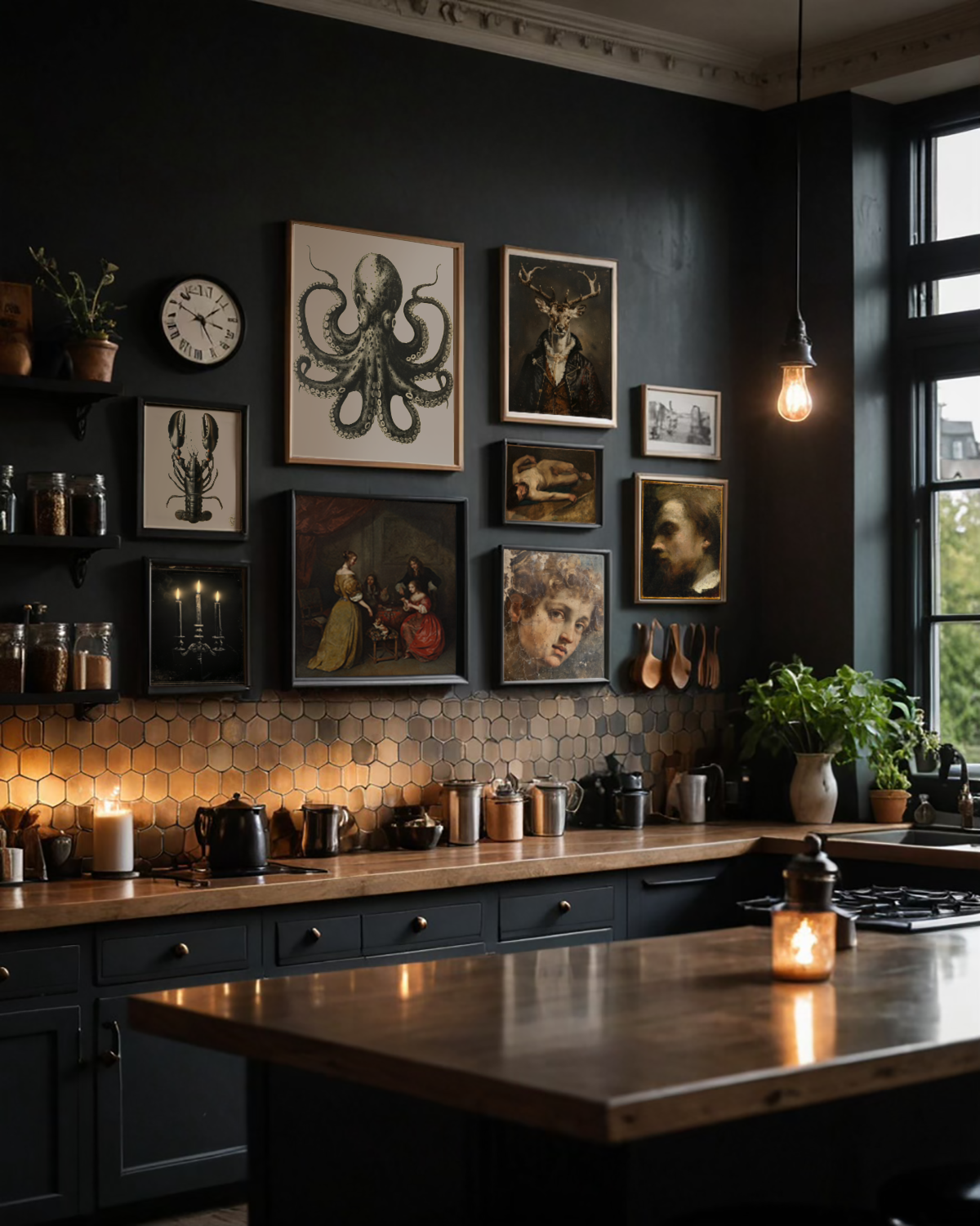 A dark, moody kitchen with black cabinets, copper countertops, and a gallery wall of framed art. Warm lighting from candles and a hanging bulb creates a cozy atmosphere.
