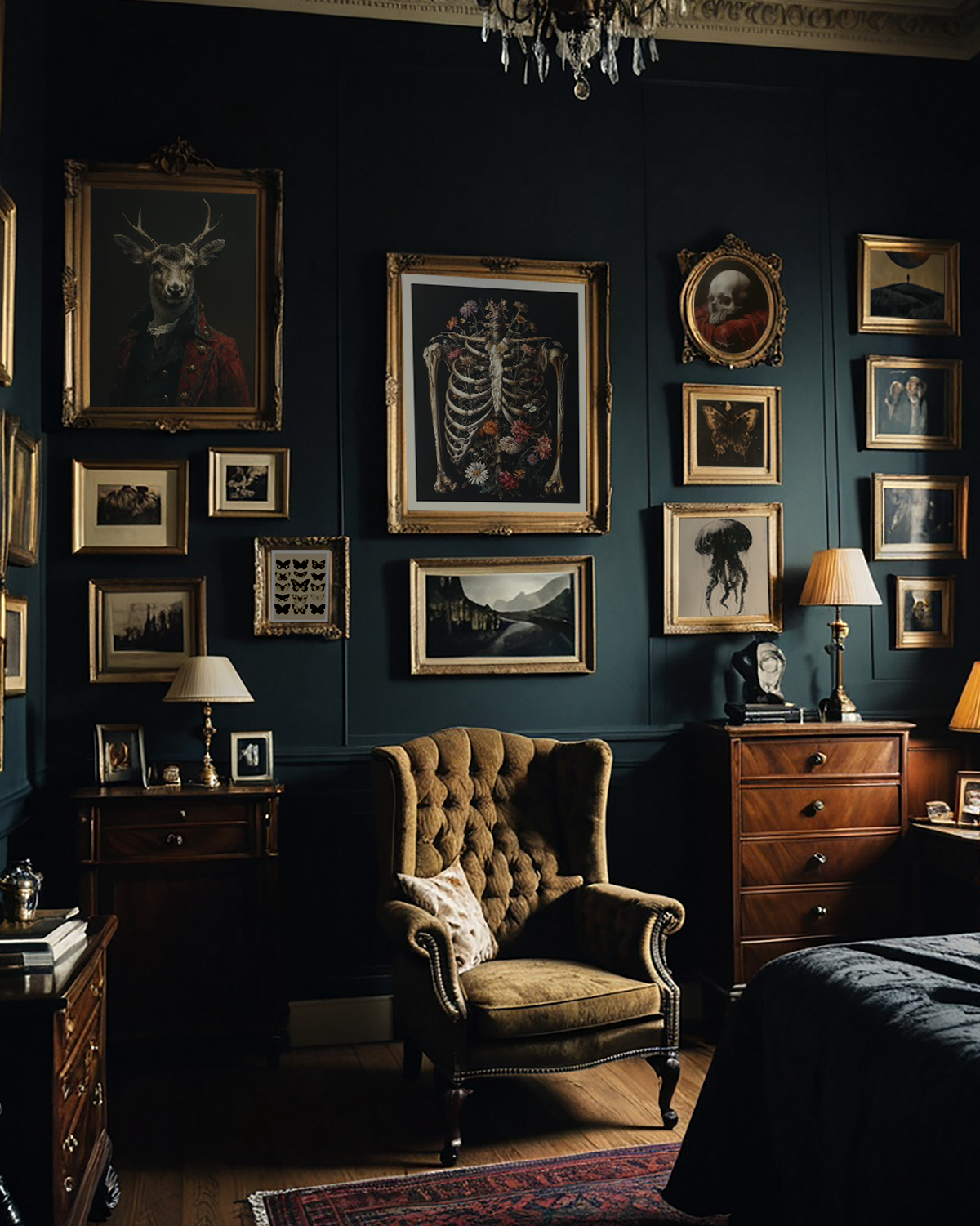 A dark, moody room with an ornate armchair, flanked by dressers, surrounded by a gallery wall of vintage framed pictures.