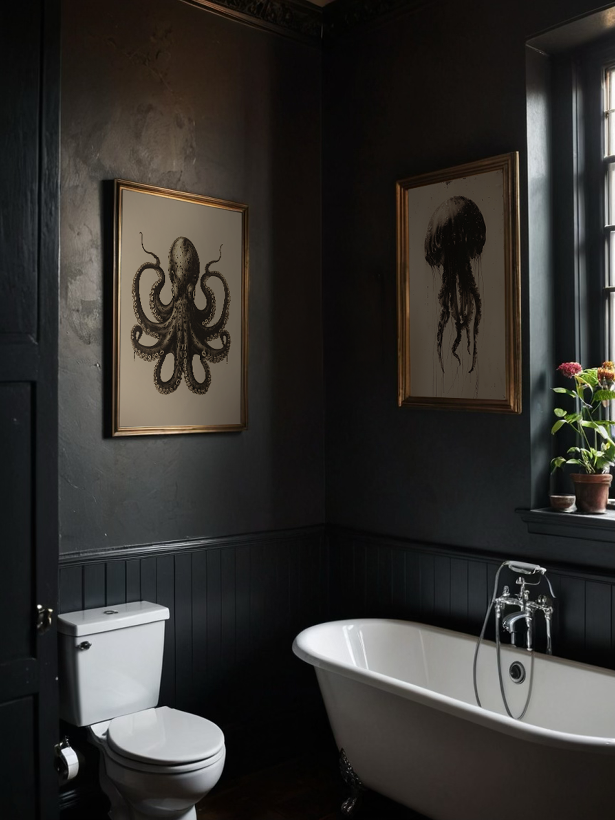 A dark, moody bathroom with a white toilet and claw-foot bathtub, adorned with framed octopus and jellyfish prints. Flowers sit on the window sill.