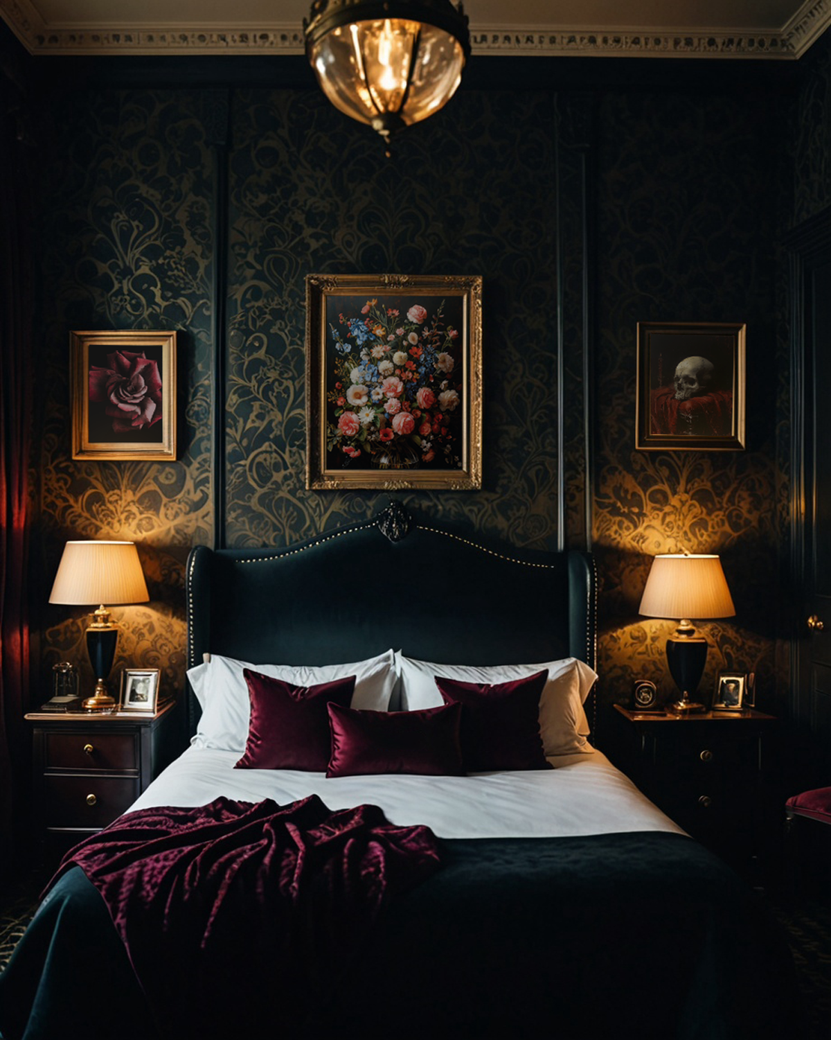 Luxurious, dimly-lit bedroom with a large bed, dark wallpaper, and three framed paintings. Bedside tables flank the bed with lamps. A burgundy throw blanket adds warmth.

