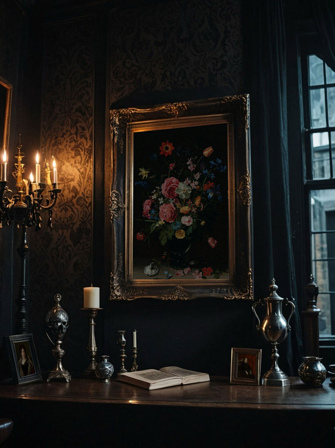 Dimly lit gothic interior with a floral painting, ornate candelabra, antique objects, and a window, creating a dark, moody atmosphere.
