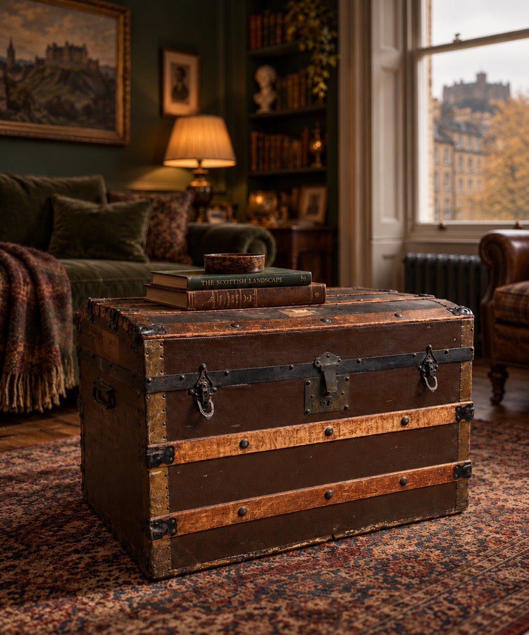 Metal-banded wooden trunk used as a coffee table in a warm vintage living room.