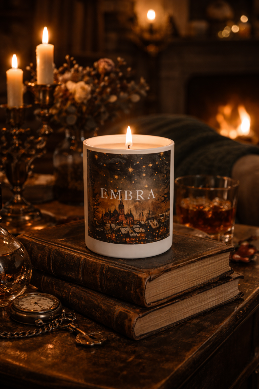A warmly lit, cozy scene featuring an "EMBRA" candle atop old books, with a fireplace and other candles in the background.
