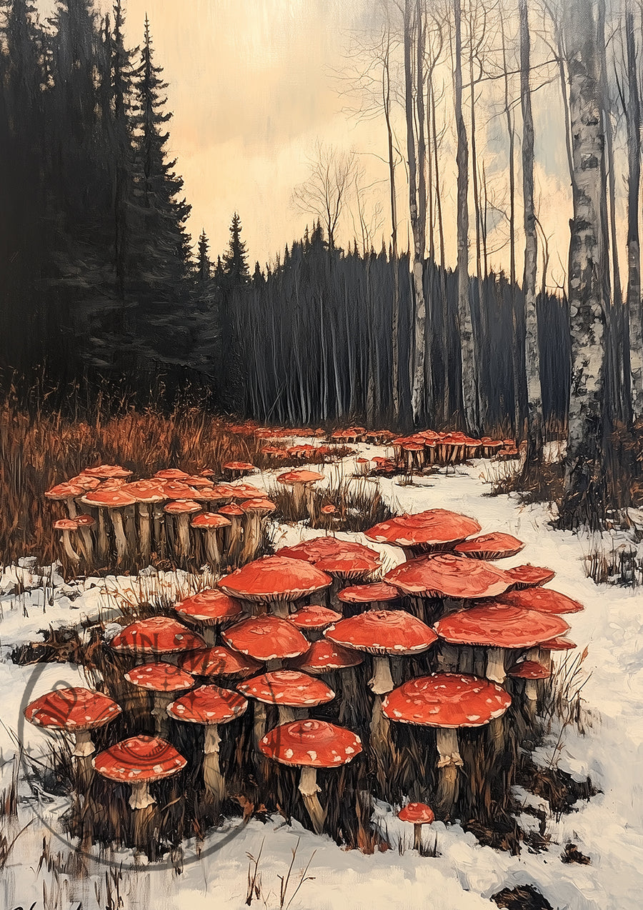 Fly Agaric in Snow – Red Mushroom Illustration – Winter Botanical Wall Art Print