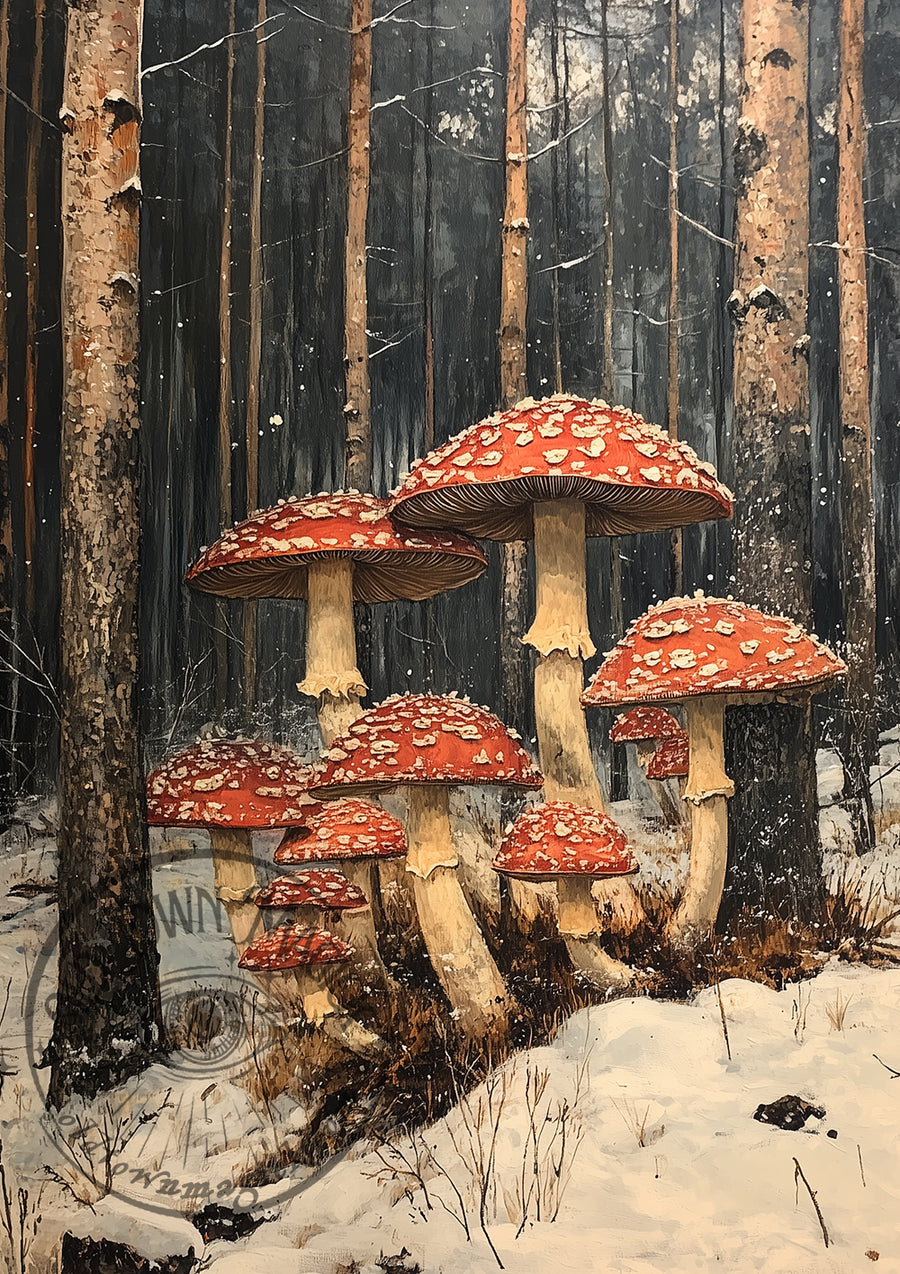 Fly Agaric in Snow II – Red Mushroom Illustration – Winter Botanical Wall Art Print