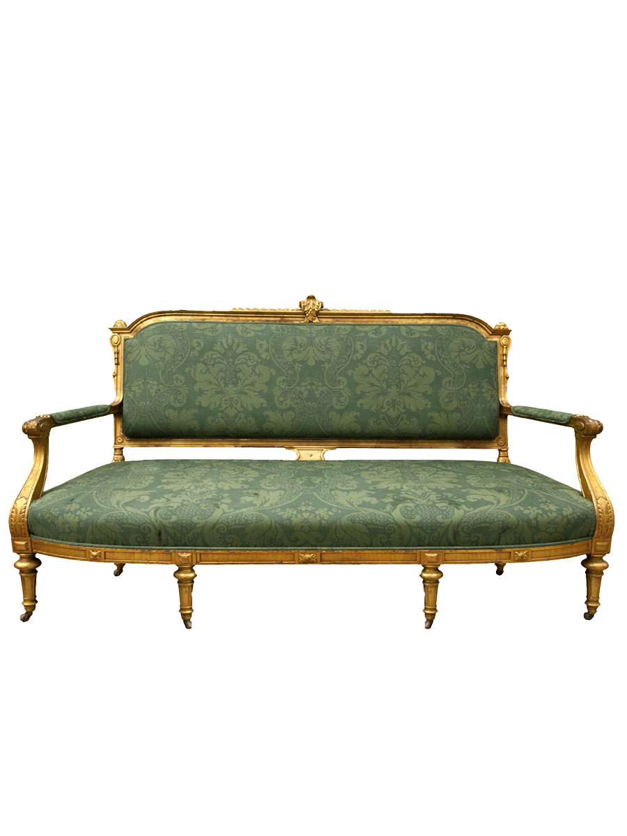 Antique Louis XVI Style Giltwood Sofa in Green Damask – Statement Sofa for Old World Interiors - Old Town Magick