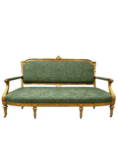 Antique Louis XVI Style Giltwood Sofa in Green Damask – Statement Sofa for Old World Interiors - Old Town Magick