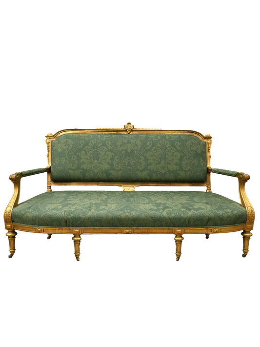 Antique Louis XVI Style Giltwood Sofa in Green Damask