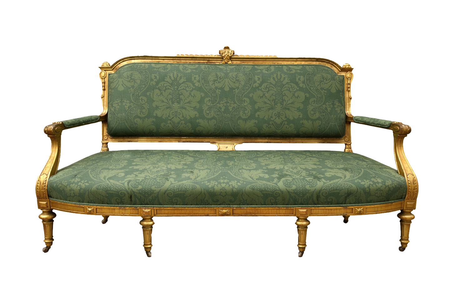 Antique Louis XVI Style Giltwood Sofa in Green Damask – Statement Sofa for Old World Interiors - Old Town Magick