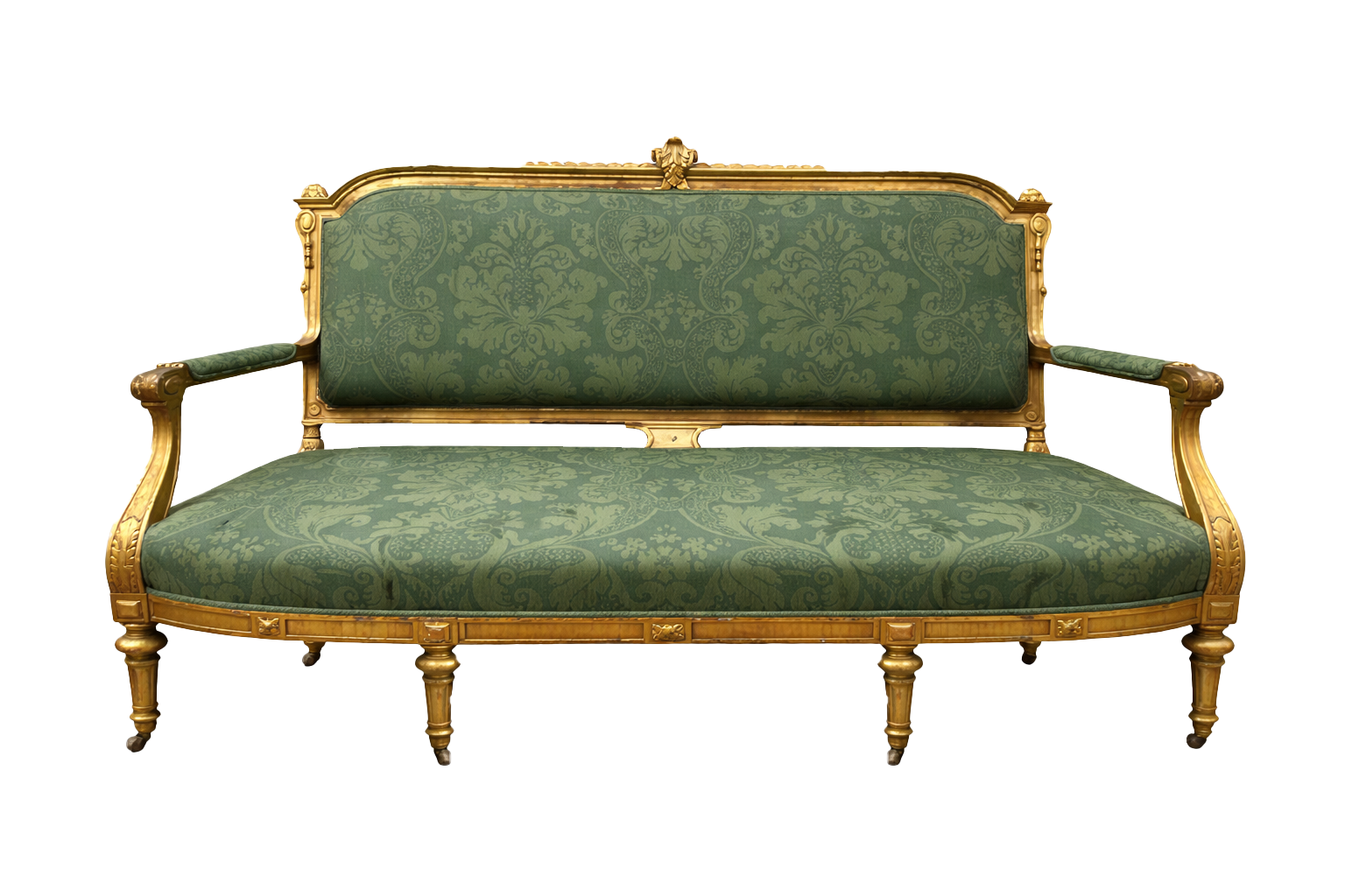 Antique Louis XVI Style Giltwood Sofa in Green Damask – Statement Sofa for Old World Interiors - Old Town Magick