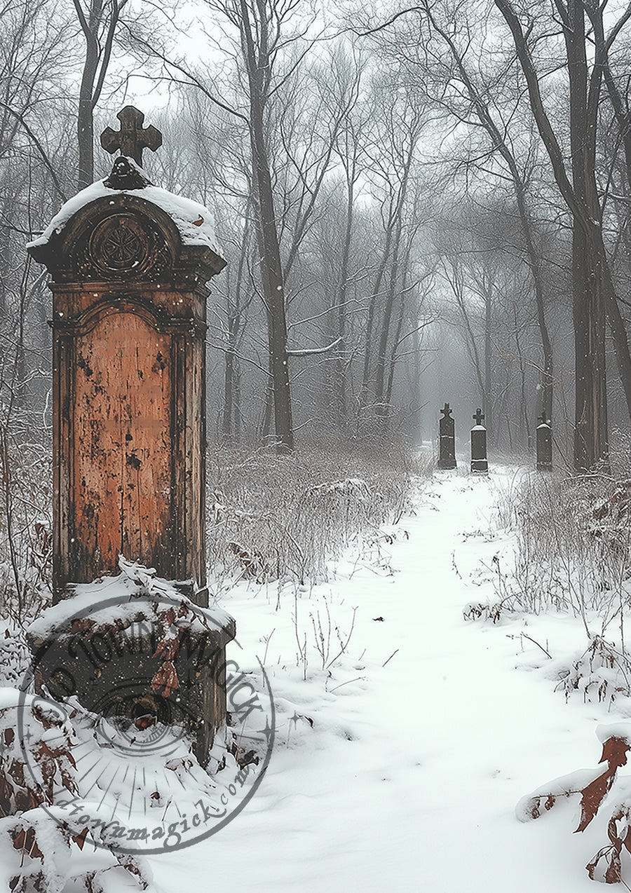Gravestones in the Snow II – Gothic Cemetery Landscape – Winter Wall Art Print