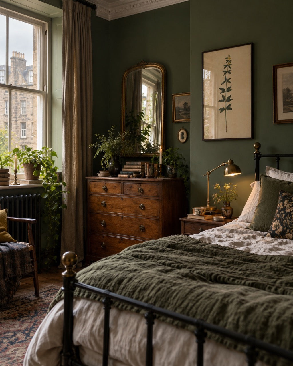 Botanical study print beside a bed with a green quilt in a plant-filled dark green bedroom.