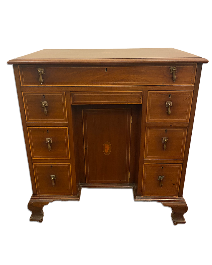 Edwardian Inlaid Mahogany Kneehole Desk – Antique Writing Desk for Dark Academia Interiors - Old Town Magick
