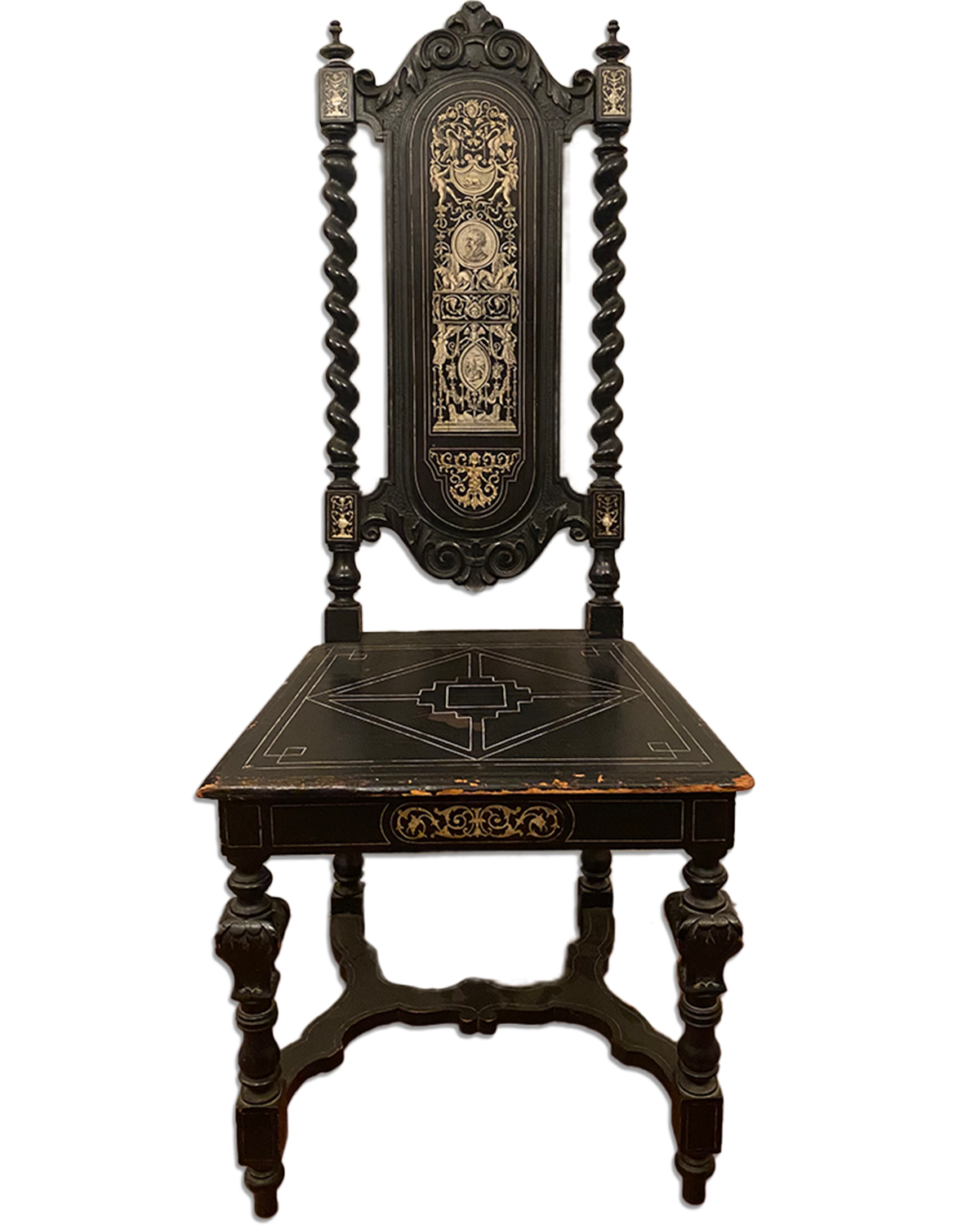 Italian Renaissance Revival Ebonised Hall Chair with Bone Inlay - Old Town Magick