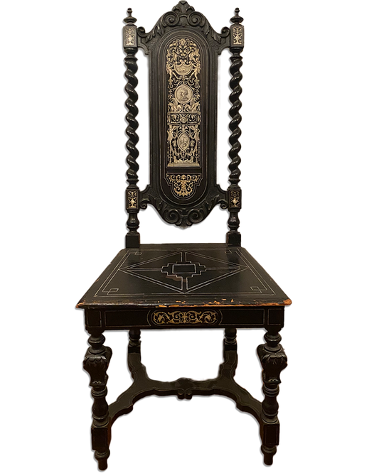 Italian Renaissance Revival Ebonised Hall Chair with Bone Inlay