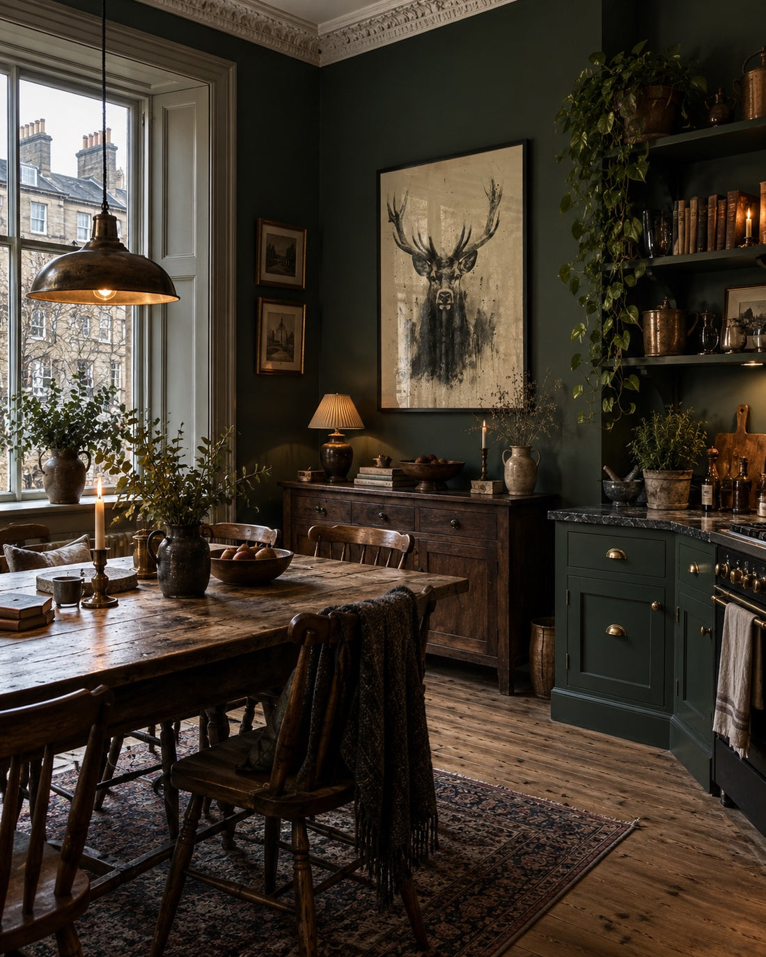 Stag portrait above a sideboard in a dark green kitchen and dining room.