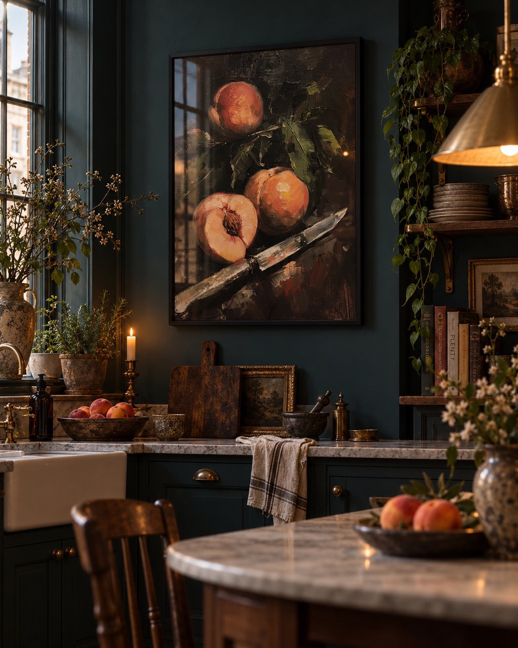 Framed pomegranate still life on a dark green kitchen wall beside a dining area.