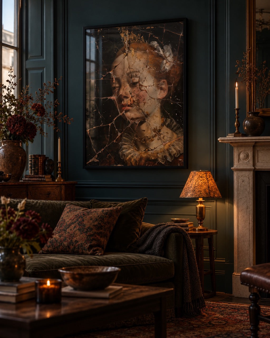 Layered female portrait above a dark sofa in an atmospheric green living room.