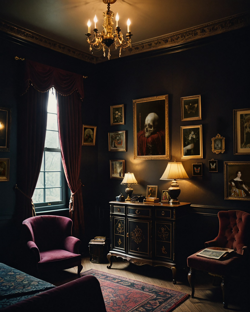 An ornate Edinburgh flat featuring dark academia decor. The dark room aesthetic is enhanced by a lit chandelier, red velvet furniture, a cabinet with lamps and various framed paintings arranged as a gallery wall of art prints. 