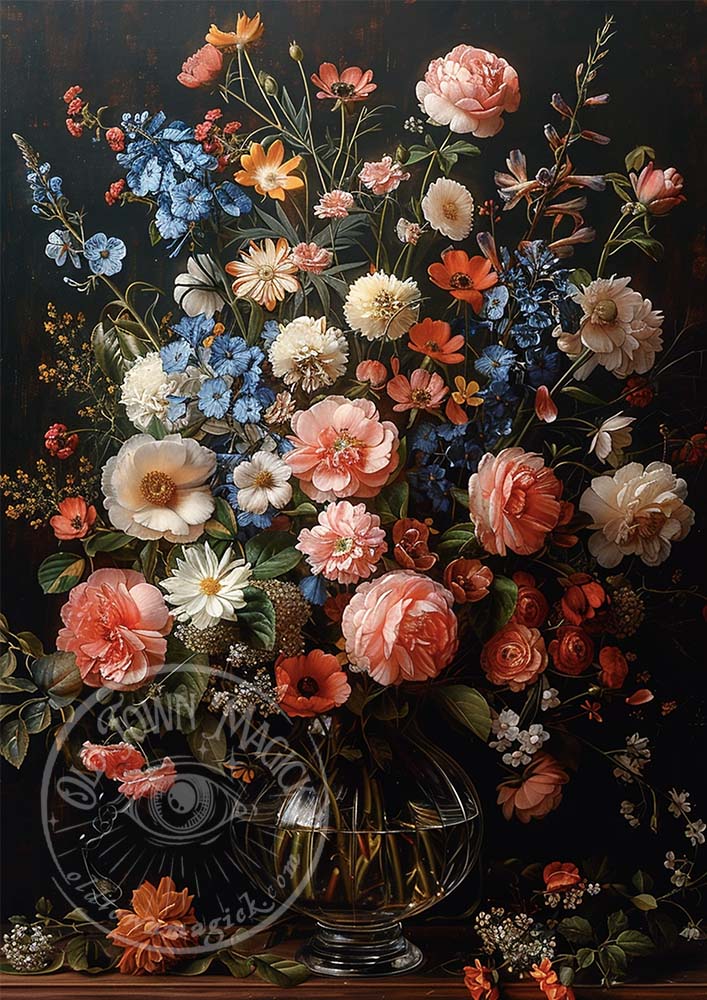 Dark Floral Still Life – Dutch Master Style Oil Painting – Dark Academia Wall Art Print