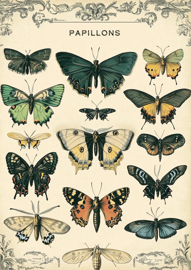 A vintage illustration titled "Papillons" features an arrangement of colorful butterfly and moth drawings on a subtly textured background.
