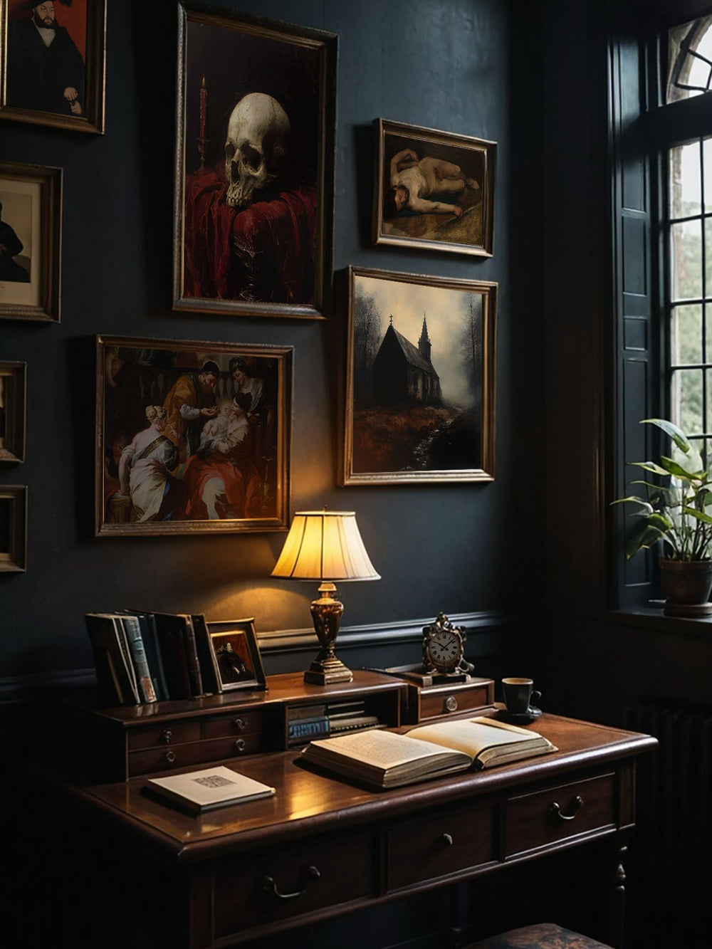 Dark academic study featuring a wooden desk with an open book, surrounded by framed paintings on a dark wall, illuminated by a warm lamp.